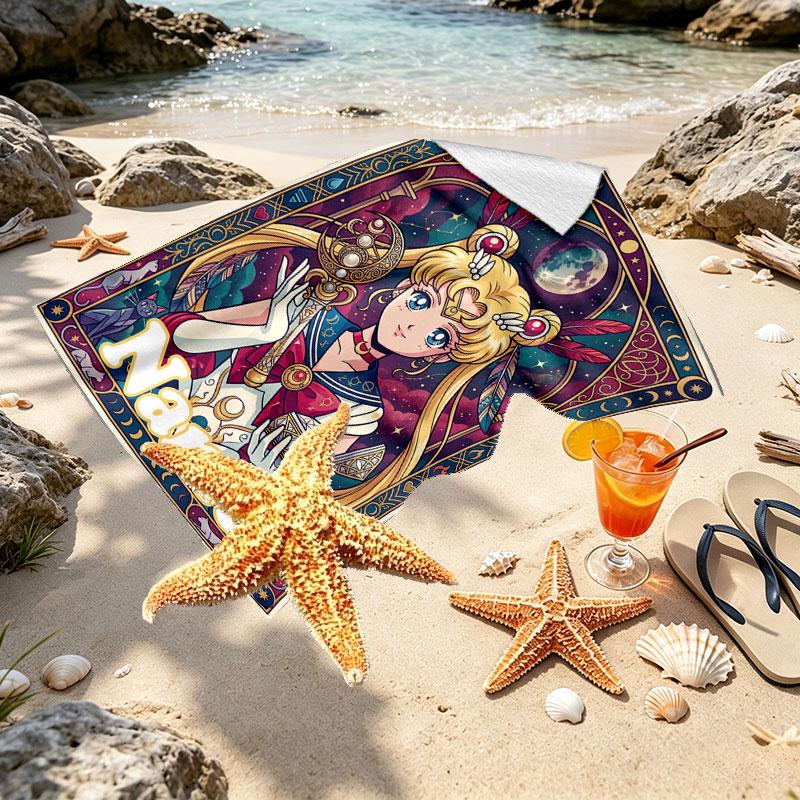 Custom Name Personalized Sailor Moon Print Beach Towel, for Trip Camping Beach Party Home Decor, Birthday Gift for Family & Friends