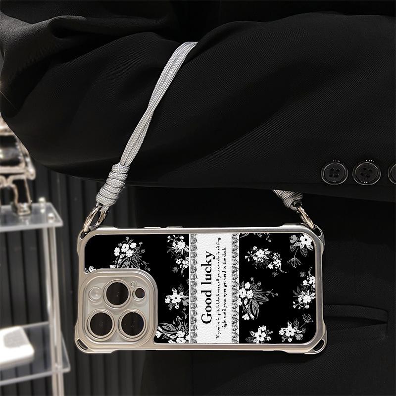 Applicable To Apple 16PROMAX Mobile Phone Case Ins Camellia iPhone15 Oblique Span Apple 14/13 Lanyard