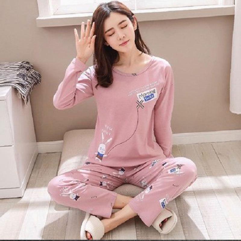 Women Autumn Winter Long-sleeved Cartoon Pajamas Set 2024 New Round Neck Cute Solid Color Pullover Sleepwear Clothes Set