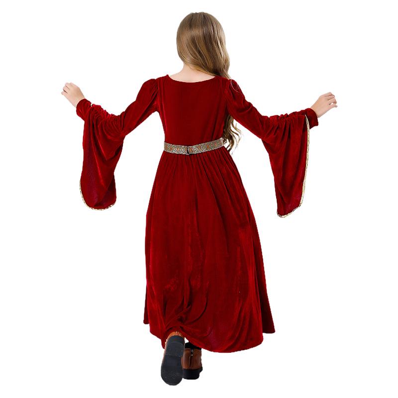 Children's Suede Medieval Noble Costume with Flared Sleeves for Halloween Ball