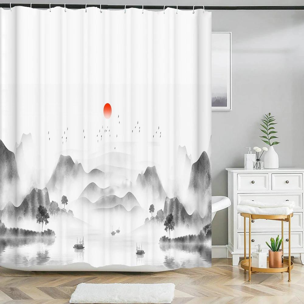 Chinese ink landscape style shower curtain scenic pattern Waterproof Fabric bath curtain washable Bathroom curtains Multi Size