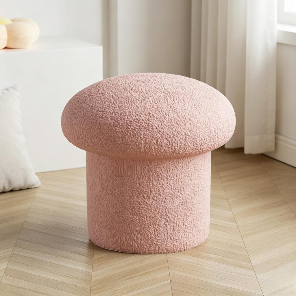 Cream White Cashmere Fabric Stool, Cute Household Mushroom Stool, Low Bench & Coffee Table Stool for Adults