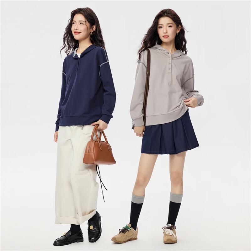 Giordano Women's Relaxed Fit Color Block Half-Zip Hooded Cotton Sweatshirt