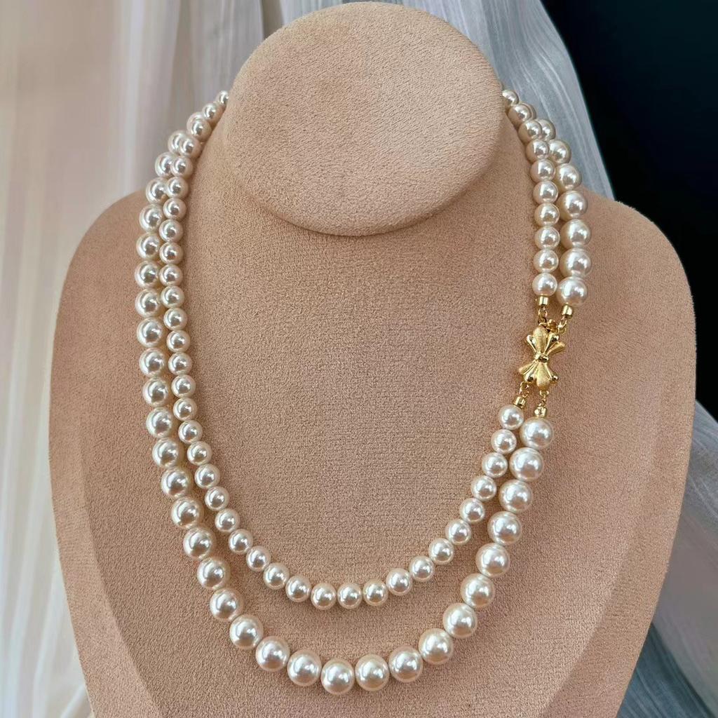 Vintage Double-Layer Shi Jia Warm White Treasure Necklace Beaded Versatile High-End Jewelry Collarbone Chain