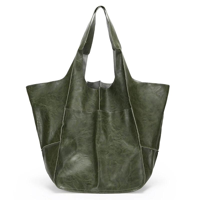 Retro Super Big Shoulder Bag Female Solid Color Hand Bags For Women Soft Leather Casual Shopper Underarm Tote Bag