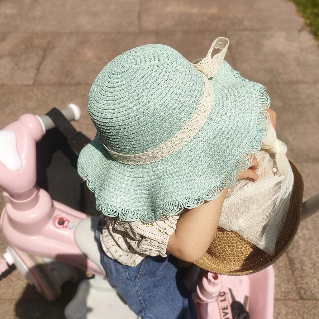 Lace Bow Straw Hat Baby Sun Hat Girls Beach Hat British Tide Top Hat Flat Top Sun Hat