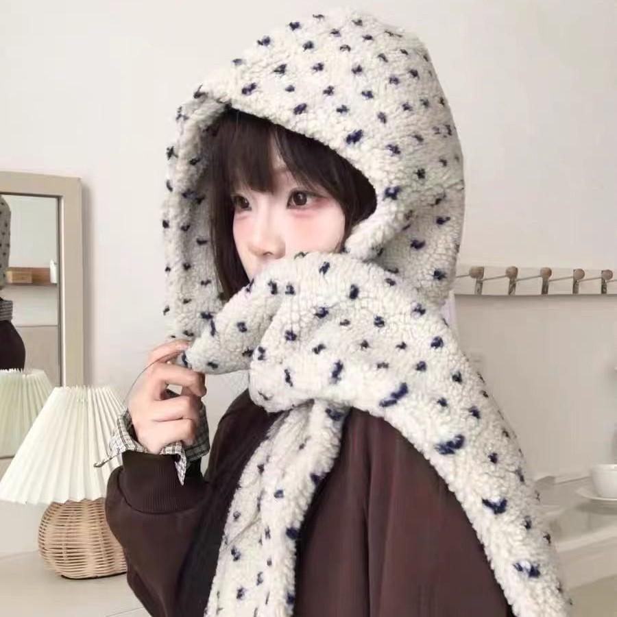 Korean Atmosphere Hat and Scarf Integrated Women's Autumn and Winter Thickened Warm Plush Hooded Scarf Two-piece Set Windproof and Cold-proof