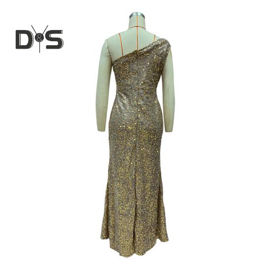 Robe de soirée pour femme, col incliné, une épaule, sans manches, paillettes, ourlet fendu, coupe ajustée, robe de soirée, maxi, soirée d'été