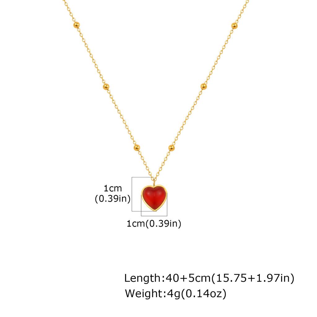 Fashion Stainless Steel Bead Chain Red Resin Heart Pendant Gold Necklace 2238