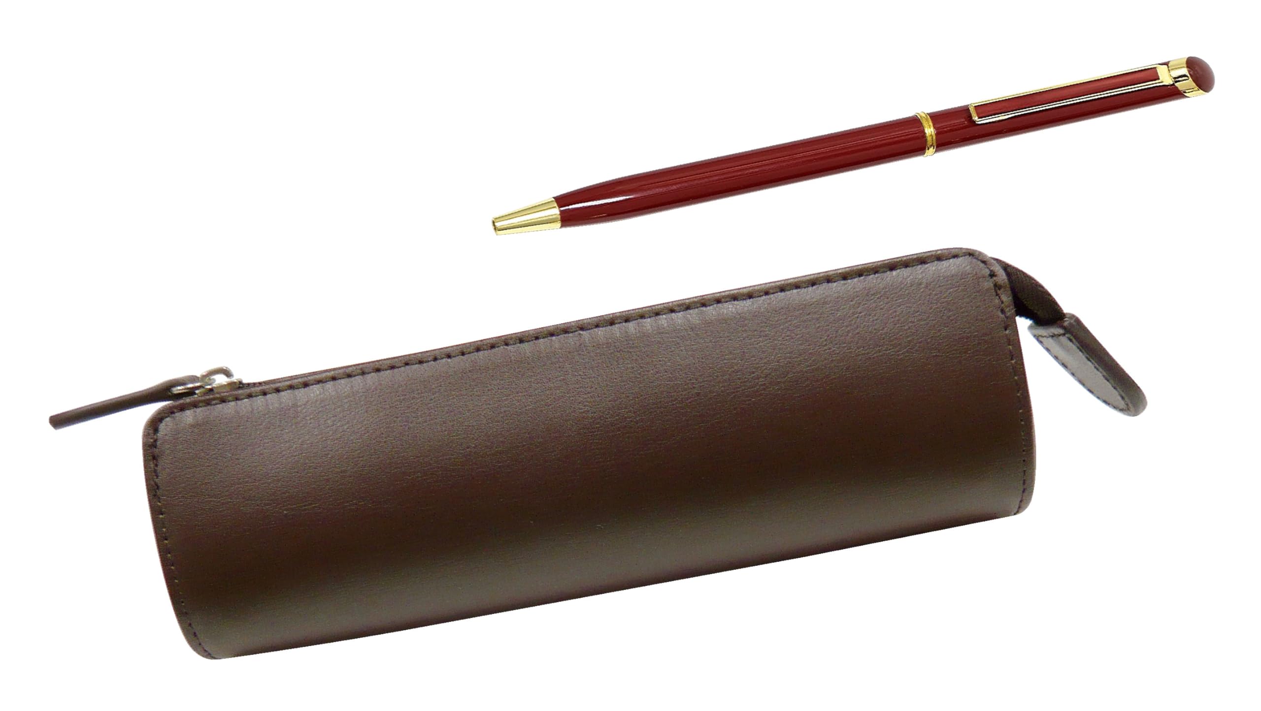 

Recycled Cowhide Leather Pen Traditional Standard with Epoxy Rotating Ballpoint Pen Case, Brown, Set, Red, T23-LS028C-WD002-R