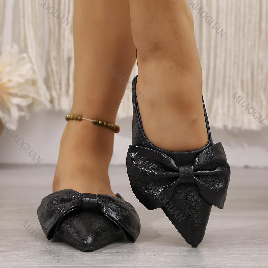 Fashion Pointed Toe Shallow Mouth Flat Half Slippers Fashion New Outside Wear Bow Summer Baotou Soft-soled Mules Slipper Casual Shoes