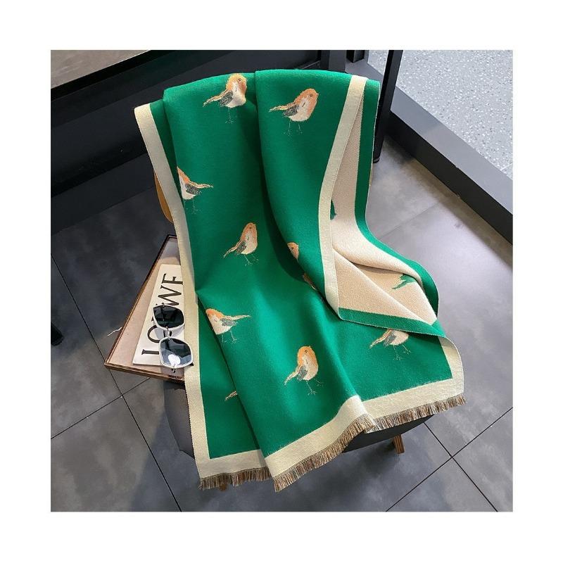 Women S High Grade Thick Warm Faux Cashmere Scarf Green Bird Pattern Air Conditioning Shawl Long Neck Wrap