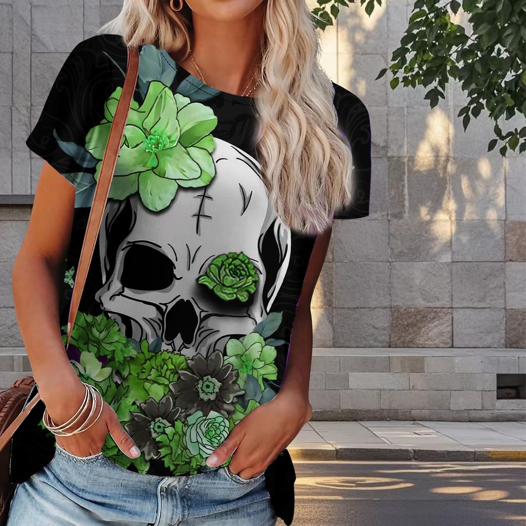 T-shirt Estiva da Donna Stampa Teschio di Rosa Moda Retrò Maniche Corte Magliette Casual Stampate Top