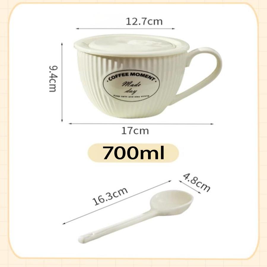 Keramik 700ml Schüssel/Tasse mit großem Fassungsvermögen mit Deckel und Löffel, mit Vintage-Textur; geeignet für Suppe, Kaffee oder Instantnudeln.