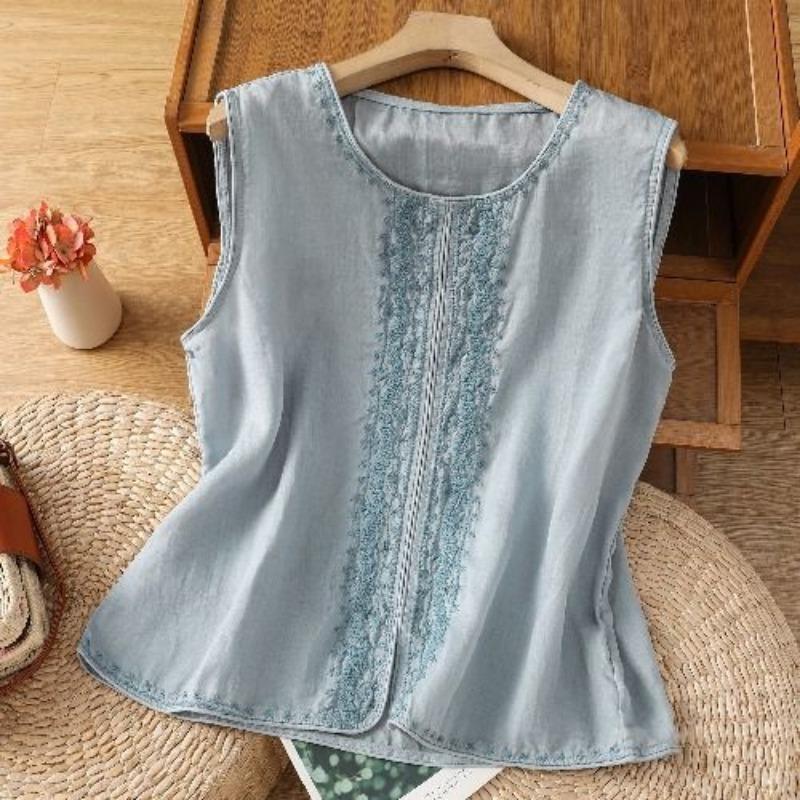 Women Off White Linen Sleeveless Vest Round Neck Front Ethnic Embroidery Open Front Loose Casual Waistcoat