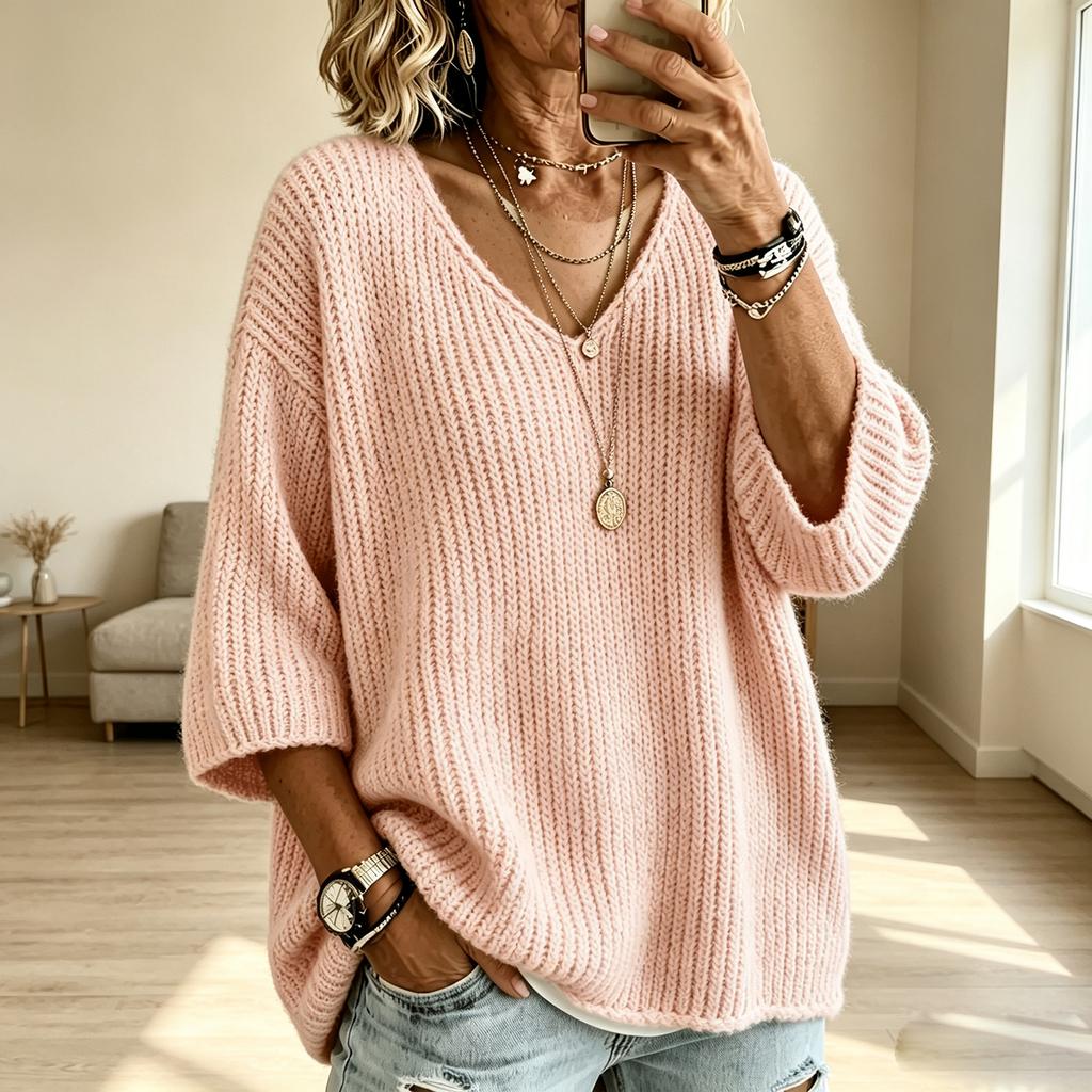 Haut Pull Casual en Maille à Col en V Coupe Ample pour la Détente et le Quotidien