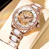 OLEVS Brand Rose Gold Ceramics Automatic Mechanical Women Watch Fashion Ladies Rhinestone Skeleton Luxury Watches Reloj Mujer