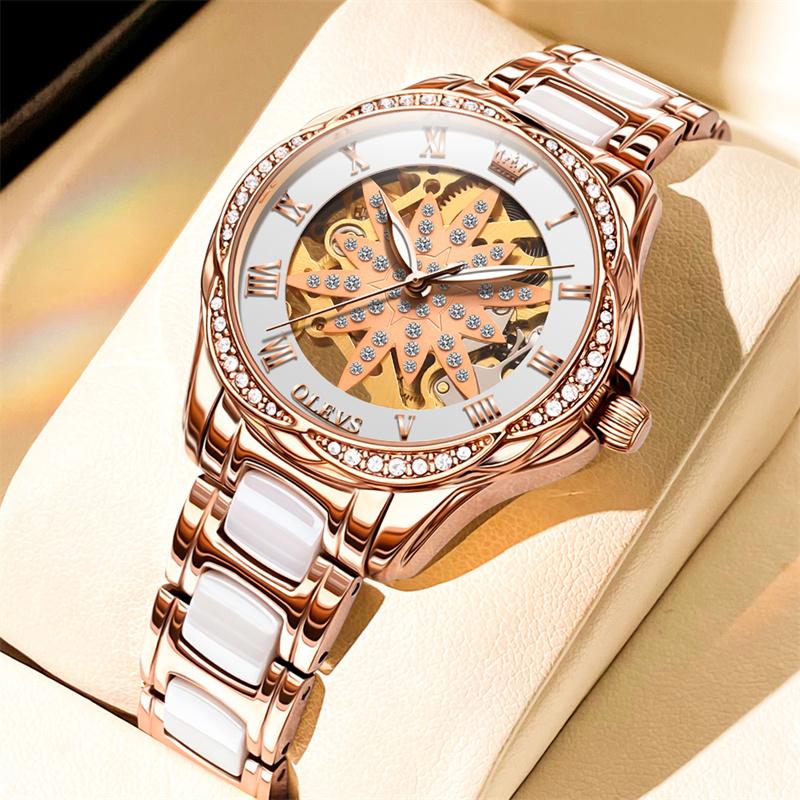 OLEVS Brand Rose Gold Ceramics Automatic Mechanical Women Watch Fashion Ladies Rhinestone Skeleton Luxury Watches Reloj Mujer