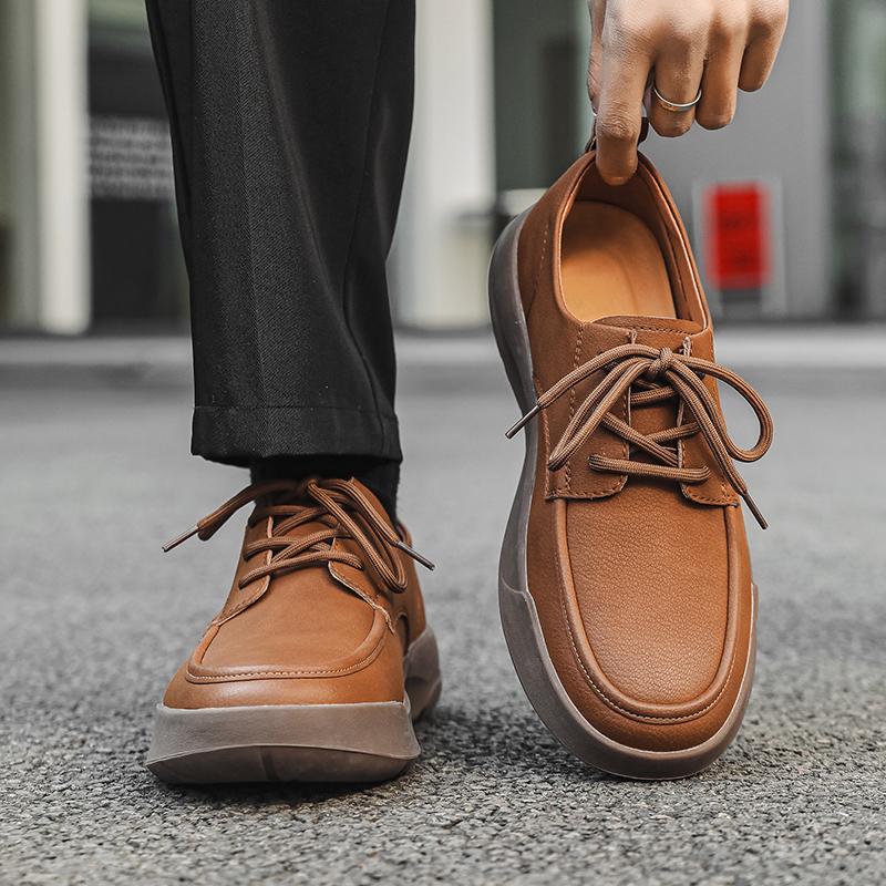 Hot Sale Men Casual Leather Business Shoes Thick Bottom Antiskid Walking Shoe Outdoor Lightweight Lace-Up Office Loafers