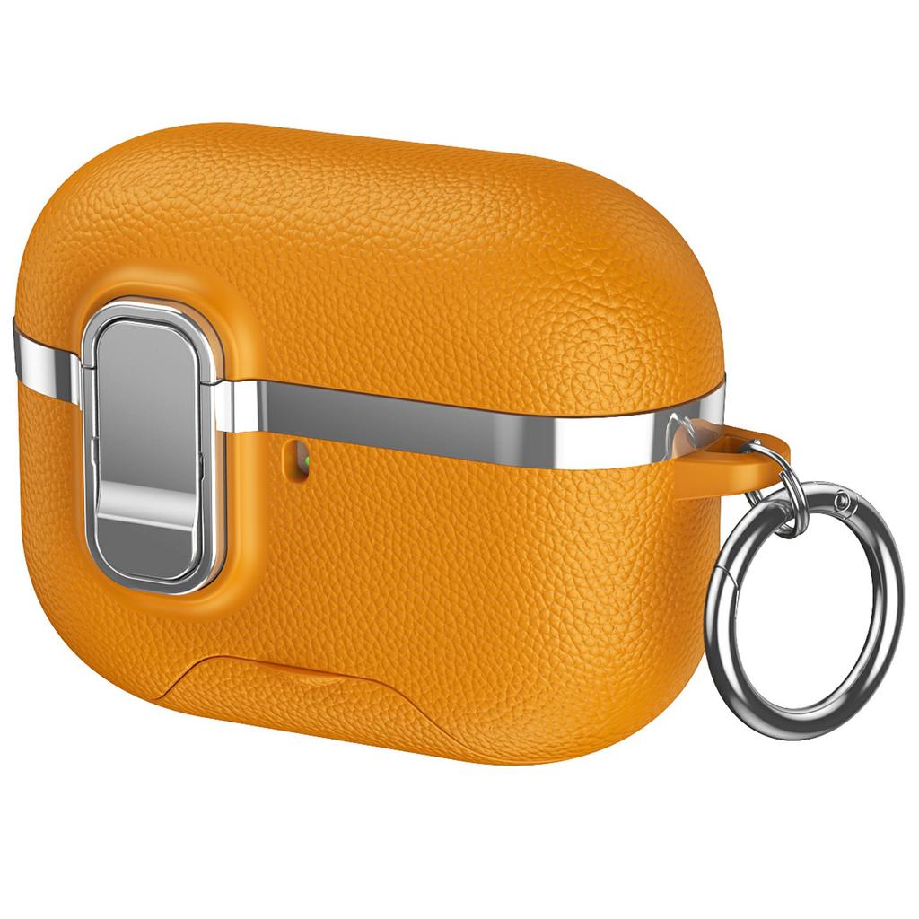 For AirPods Pro Case Foldable Stand Electroplated Litchi Texture TPU PC Earbuds Cover with Switch / Carabiner