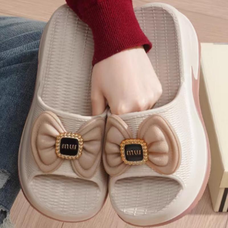 

Fashion Smile Women Slippers New EVA High-value Versatile Women Soft Round Head Slippers Summer Fashion Thick-soled Elevated Bow Sandals 35-36