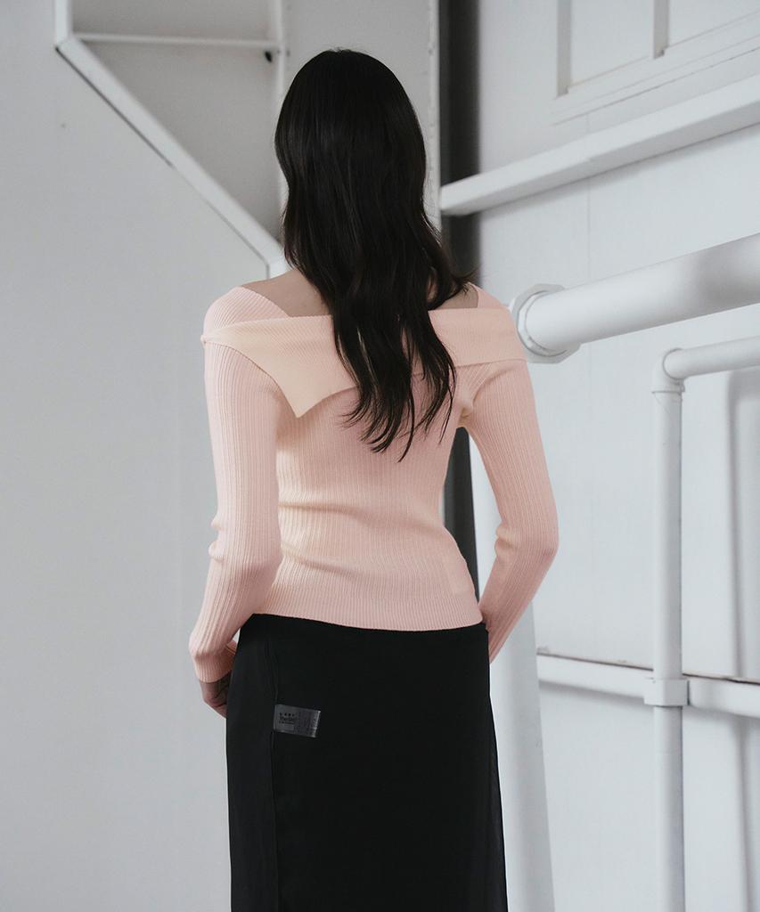 THE GREEN LAB Off-Shoulder Slim Ribbed Knit [Light Pink]
