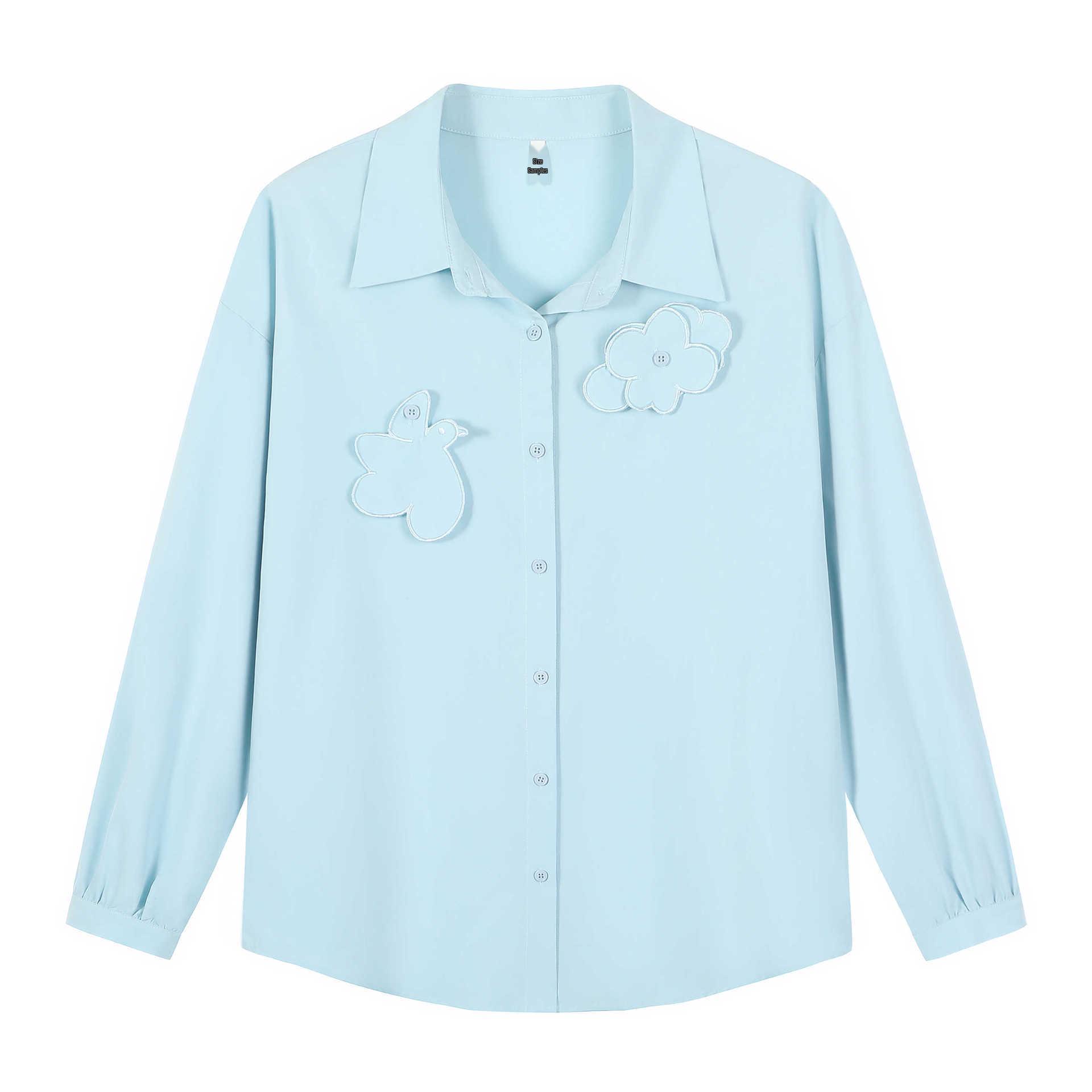 

Spring 3D Floral Oversized Lapel Shirt - Plus Size Women s Long Sleeve Casual Top 2XL (recommended 70-80 kg) небесно-голубой