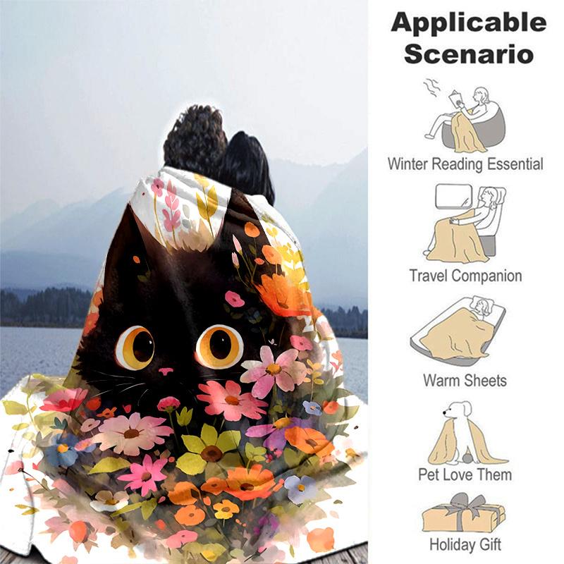 1pc Flower Black Cat Blanket  Seasonal Universal Home Decorative for Room, Gift Idea, Living Room, Travel, Camping, Car Blankets