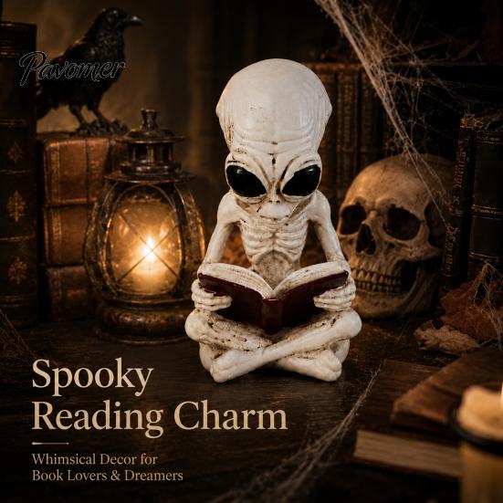 Resin Book Reading Figurines Alien Cross Legged Skeleton Figurine, Sci-Fi Gothic Detailed Bone Crafts Halloween Ornament, Collection Statue