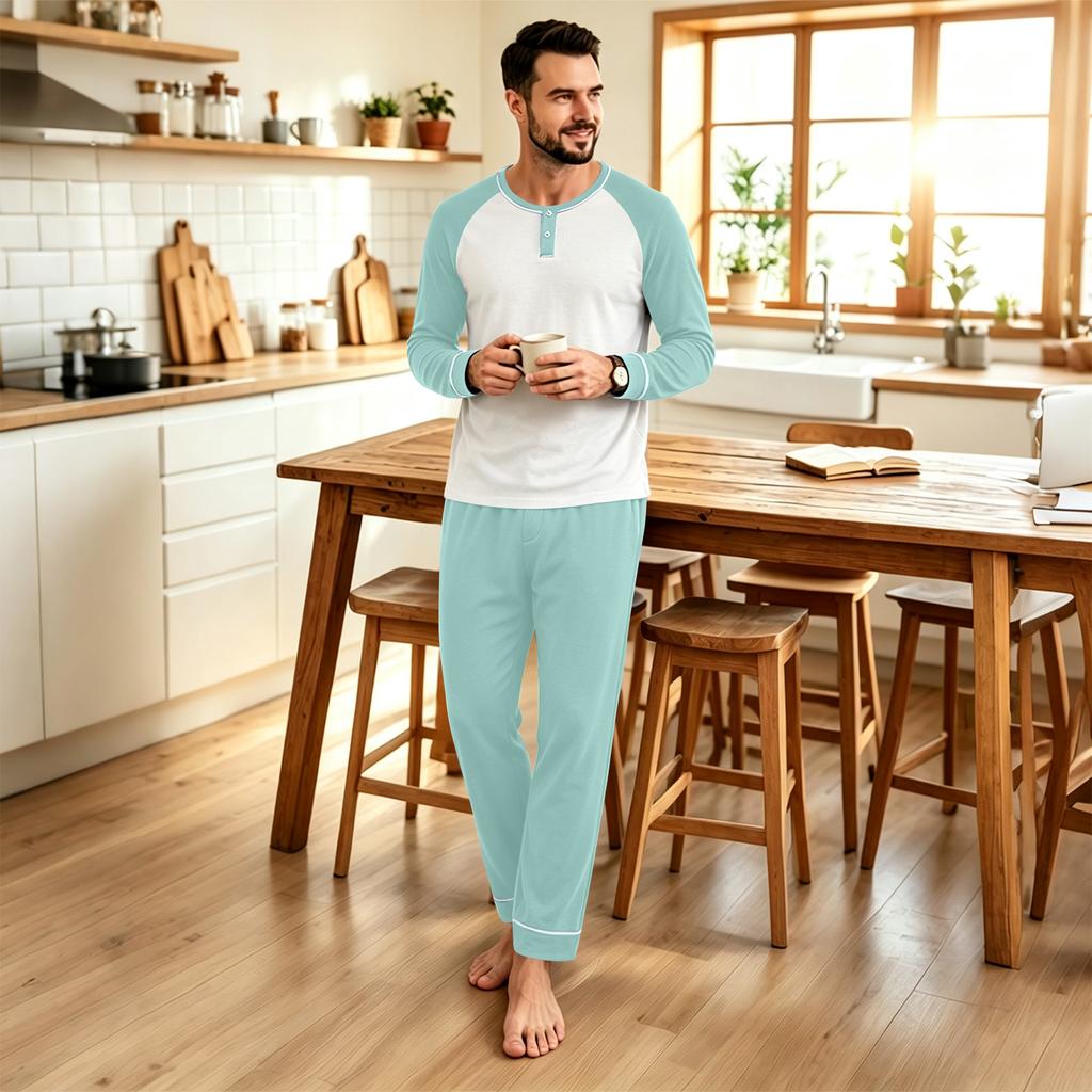 Men's Casual Loose Fit Raglan Sleeve Pajama Set for Sleep and