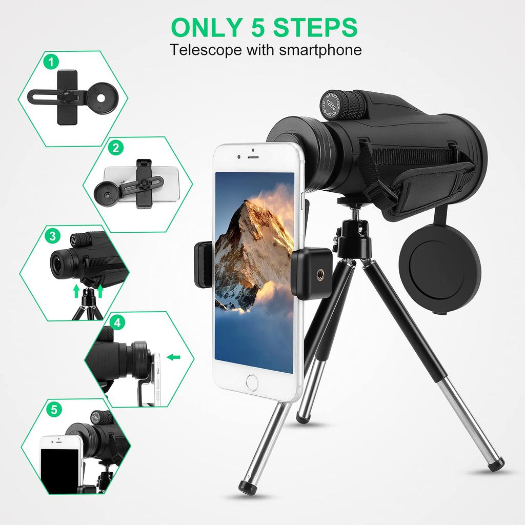 SENMONUS 12x50 Waterproof Monocular Telescope with Quick Smartphone Holder & Tripod, High Magnification Monocular with Hand Strap, Compact Monocular