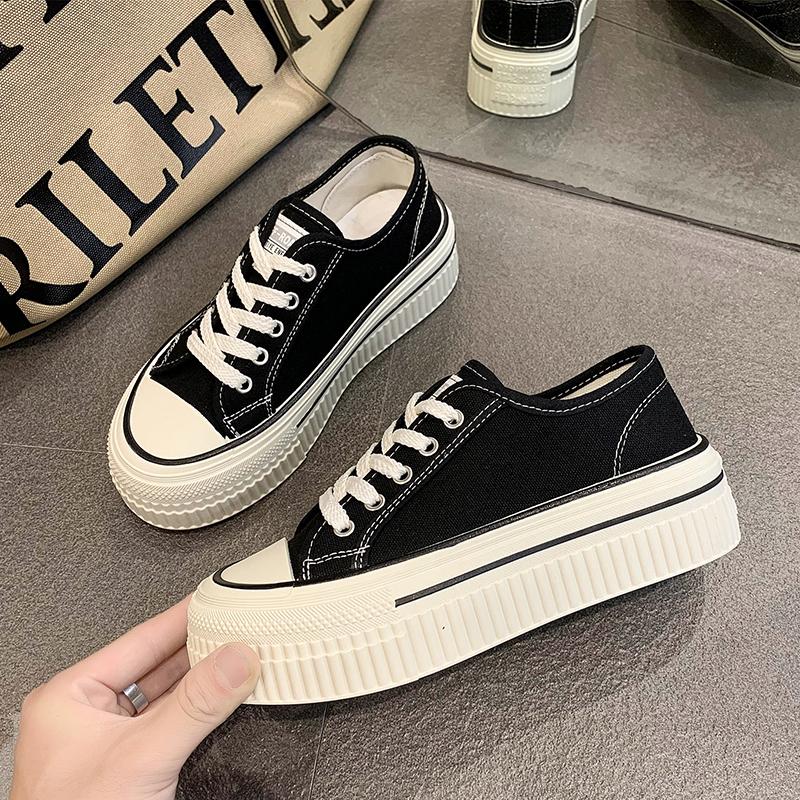 New Women'S Black Platform Canvas Sneakers Lace-Up Comfortable Shoes Fashion Outdoor Multi-Functional Sports Canvas Shoes