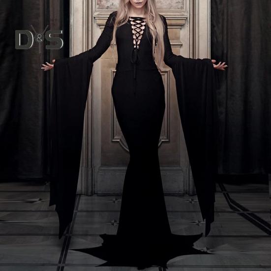 

Женское платье в пол на Хэллоуин, сексуальное, с запахом на бедрах, облегающее, с рукавами-колокольчиками, на шнуровке, с глубоким V-образным вырезом, винтажный готический костюм невесты для вечеринки, косплея, для дам, длинное