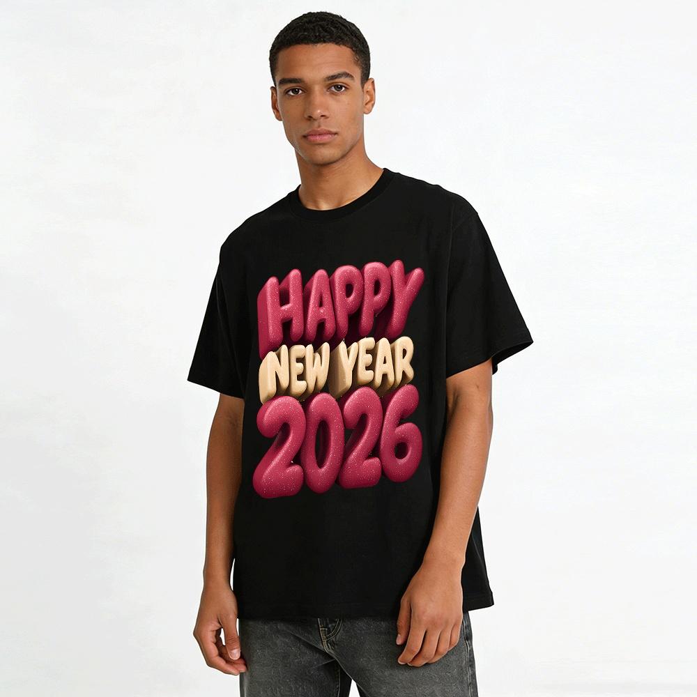 Happy New Year 2026 Printed Casual Loose Fit Crew Neck Long Sleeve Top Pure cotton T-shirt
