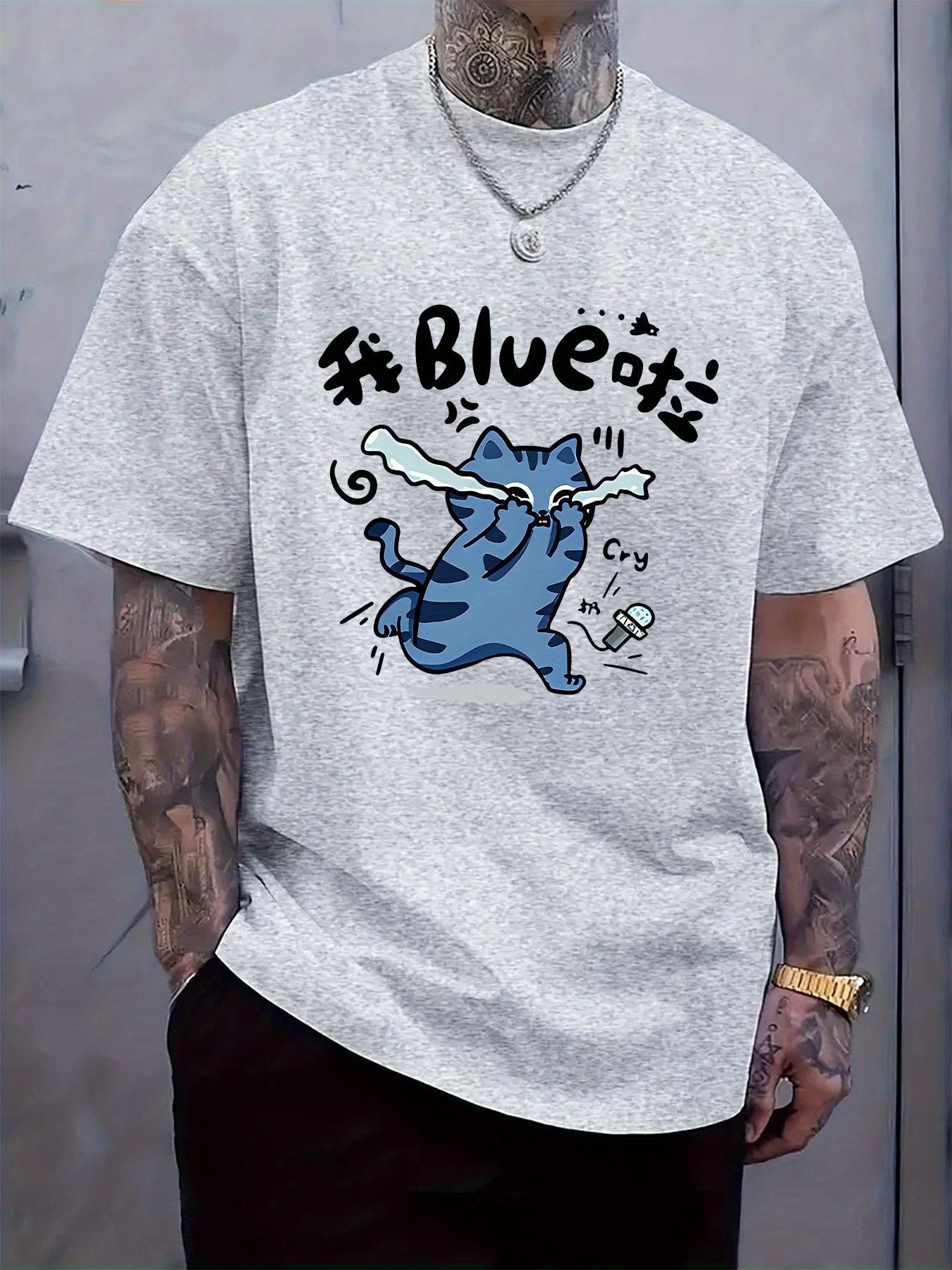 Light Gray Crew Neck Tshirt with Blue Cat Crying Cartoon ... S