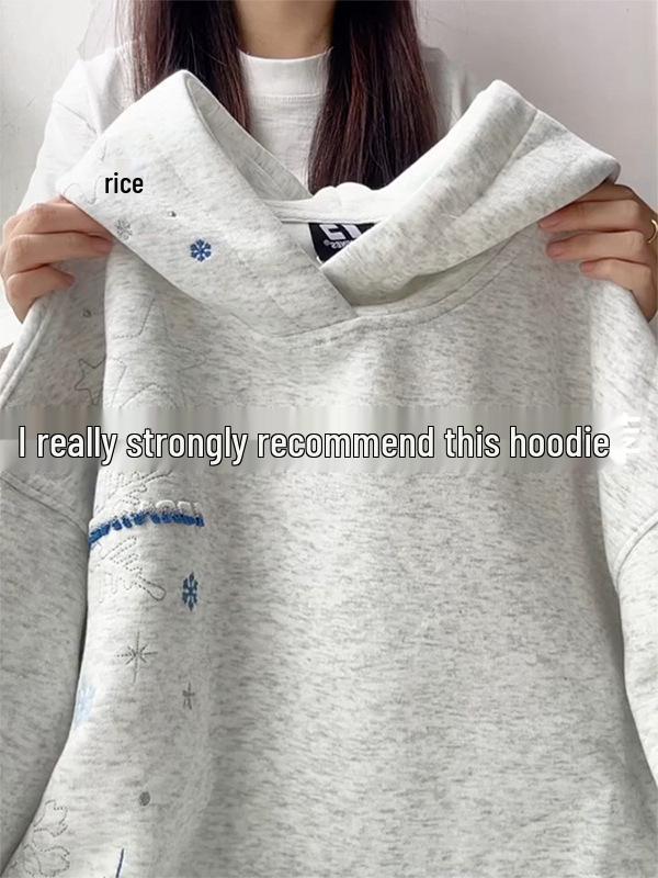 

Men s Autumn/Winter Snowflake Embroidered Hoodie - Plus Velvet, Loose Fit, Versatile Street Style XXL сірий колір/білий