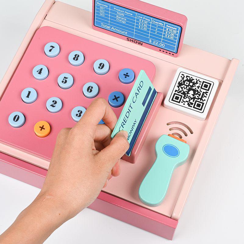 Wooden Play Cash Register with Coins & Card Swiper - Cognitive Learning Toy for Kids