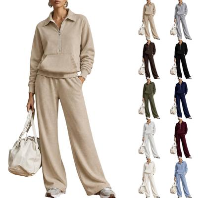 Damen Zweiteiliges Set: Langarm Reißverschluss Sweatshirt mit Kragen und Lockerer Hose
