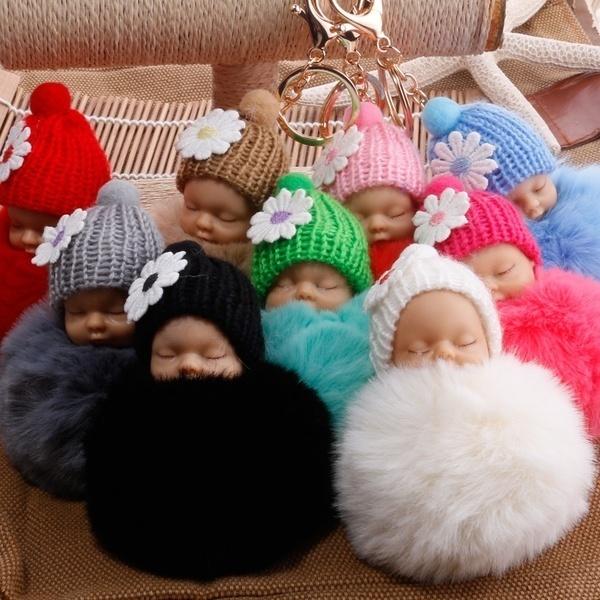 Small Flower Baby Doll Fake Fur Fluffy Ball Key Chain Bag Key Rings Car Key Pendant Cartoon Ornaments Gifts