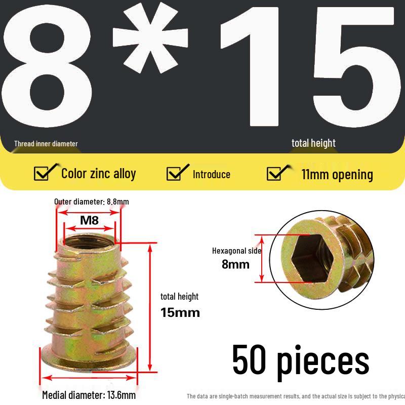 Zinc Alloy Hex Self-Tapping Nut with Washer for Furniture, Internal/External Thread, Medium Wood, Sizes M4-M8.