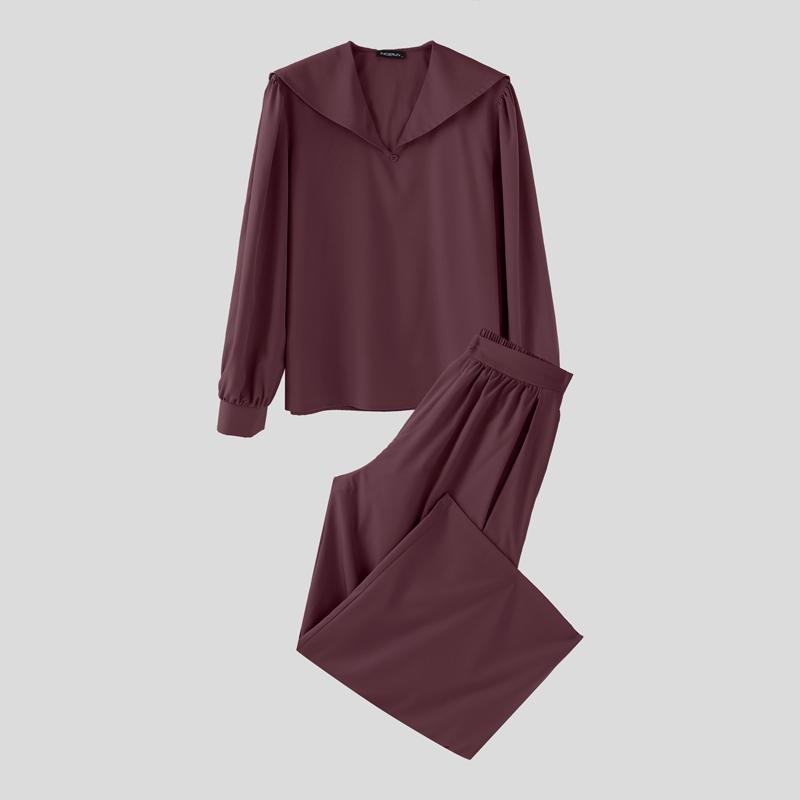 INCERUN Two Pieces Men Sailor Collar Long Sleeve Shirts Long Wide Legs Pants Sets Outfits