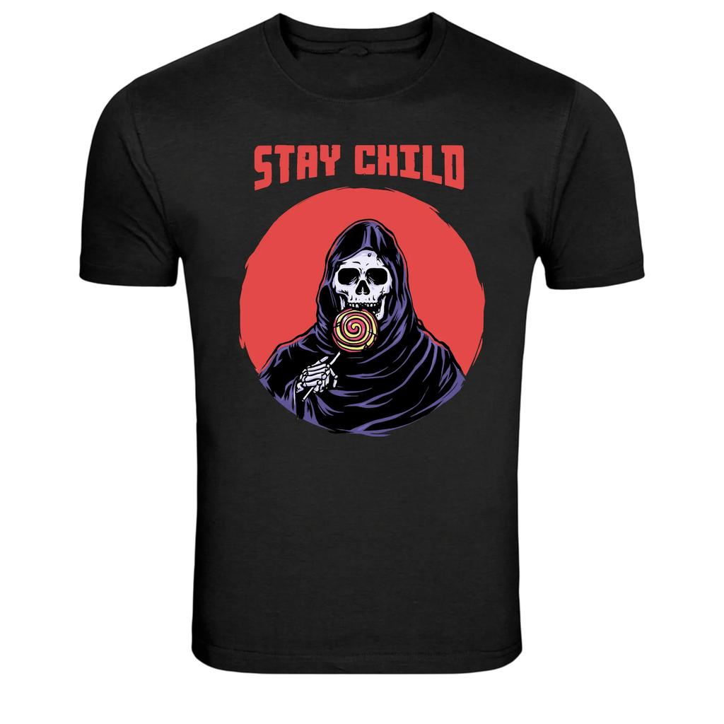 Stay Child Grim Reaper Lollipop Dark Humor Graphic T-Shirt