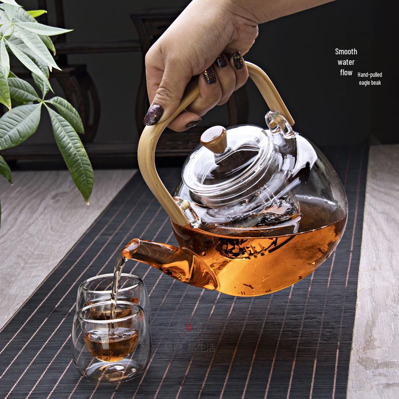 Heat-Resistant Glass Teapot with Bamboo Handle and Tea Separation Filter