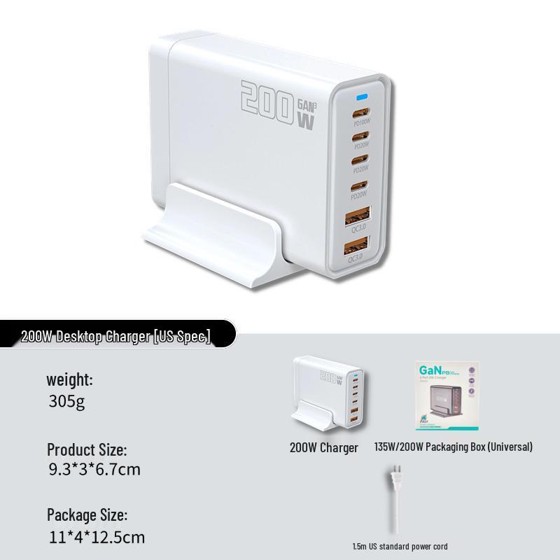 200W GaN Multi-Port PD Fast Charger with Smart Temperature Control