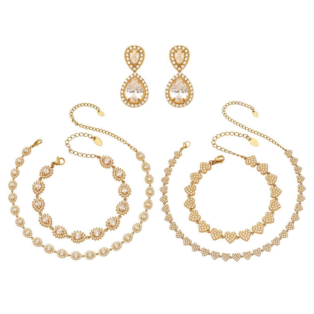 Luxury Zirconia Diamond Bracelet and Necklace Set with Stainless Steel Pendant and Retro Earrings