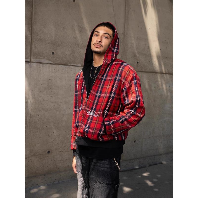 Reversible Plaid American Retro Zipper Hoodie Sweatshirt Mens Womens Casual Plaid Sweatshirt Solid Color Y2K Street Style