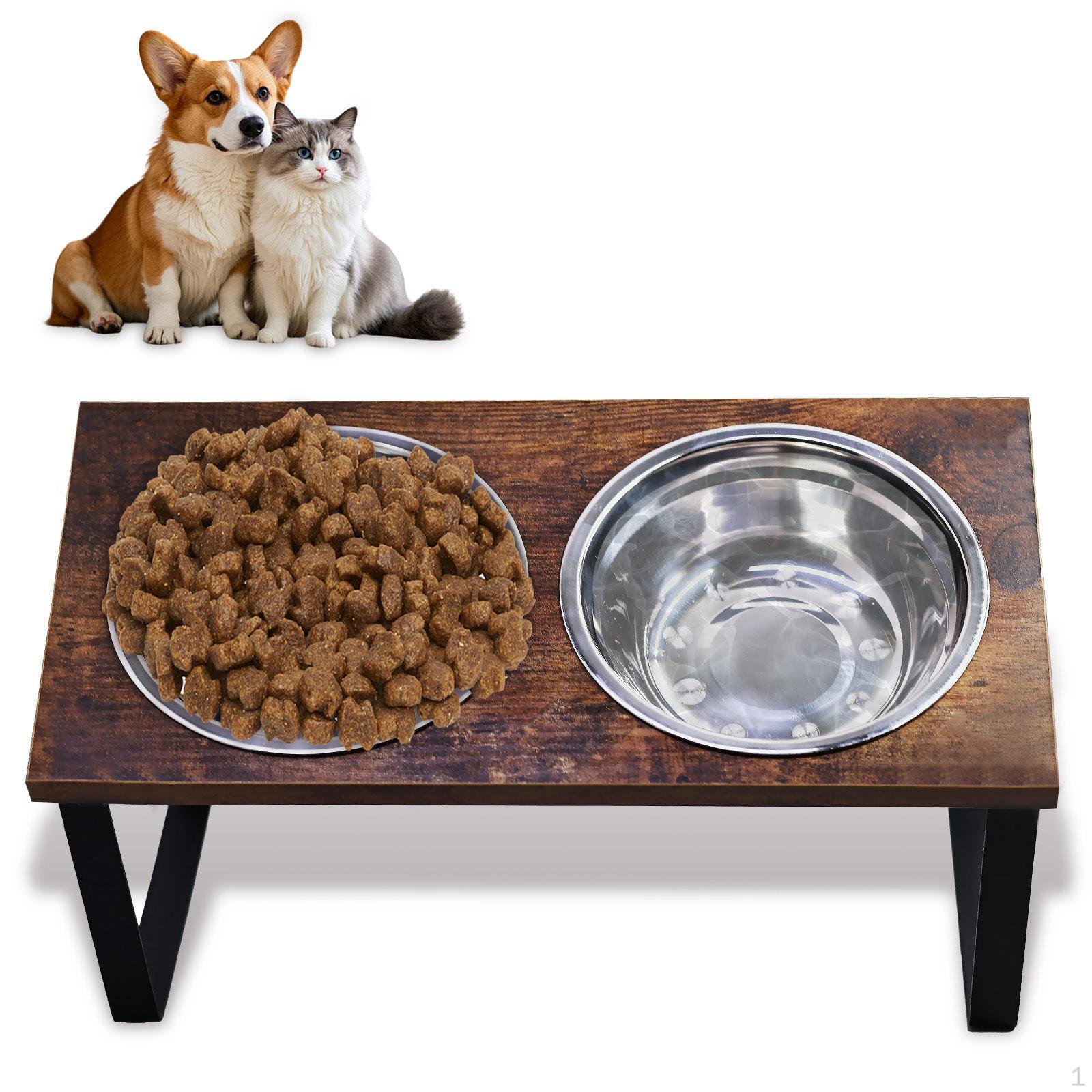 

Dog Bowl Stand Wooden Cat Feeder Double Bowls with 2 Stainless Steel Raised for