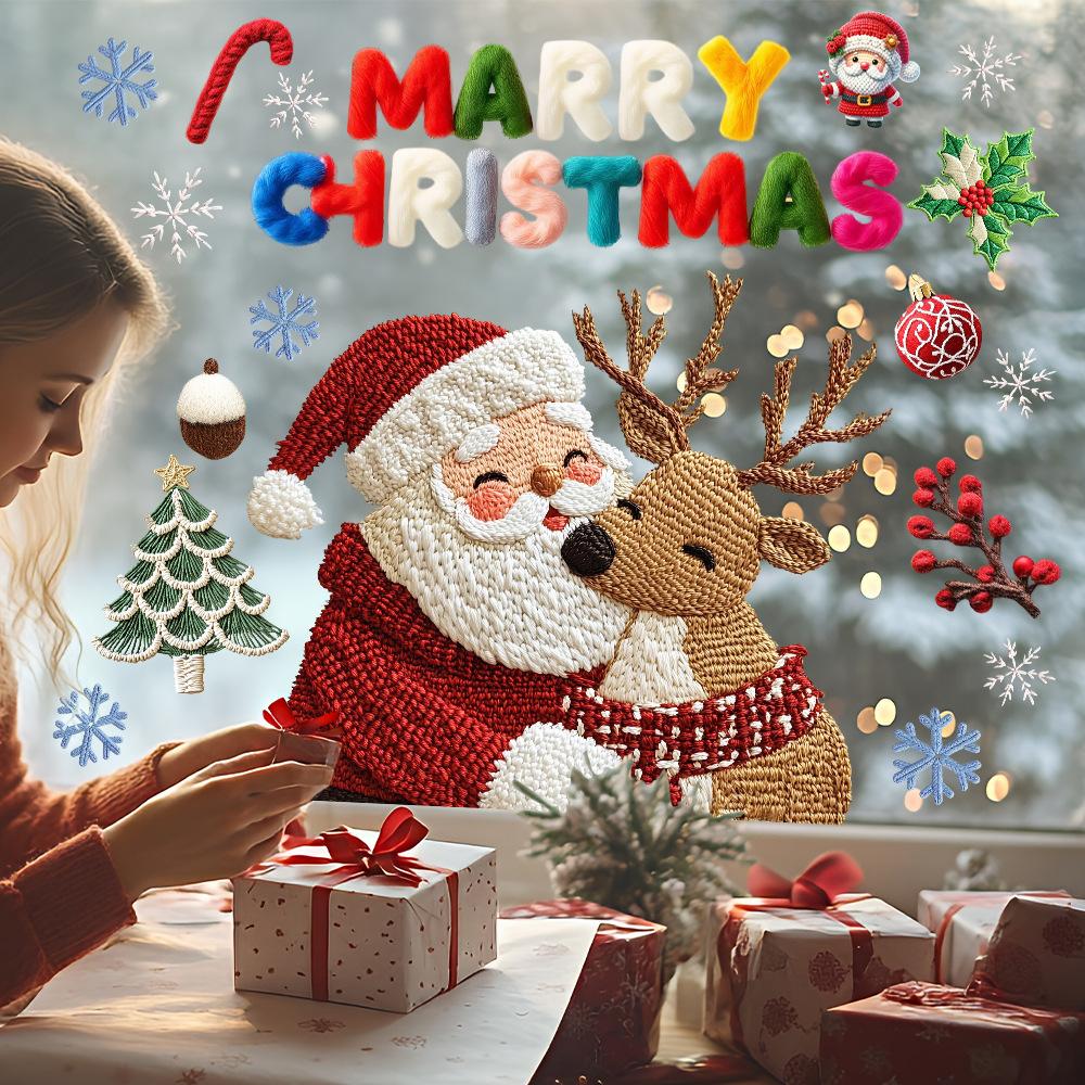 Santa Claus, Reindeer, Woolen Glass Stickers, Living Room Window Stickers, Holiday Static Stickers, Party Decoration Stickers