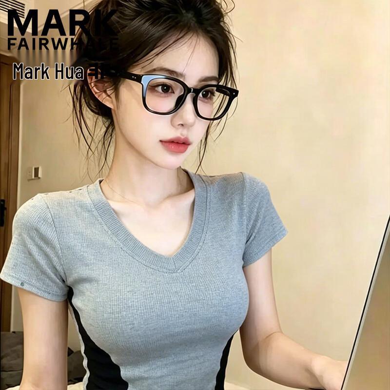 Mark Fairwhale Women's Patchwork V-Neck Slim Fit T-Shirt