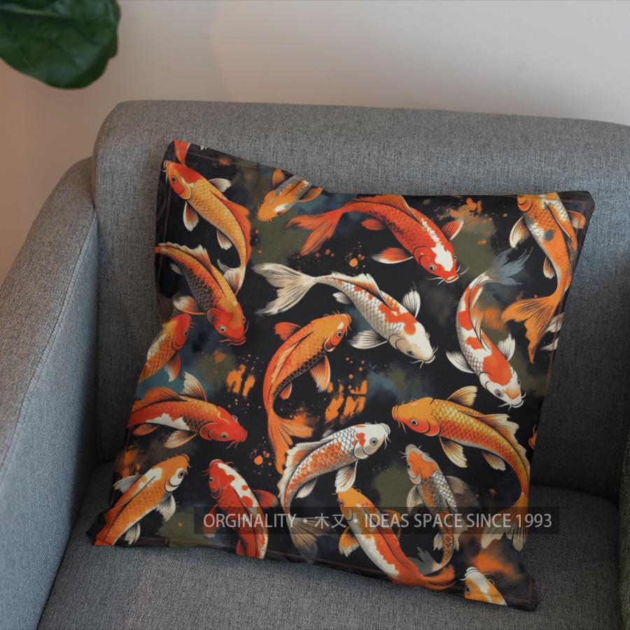 2D Traditional Ink Style Koi Fish Pattern Pillow Pattern Cushion Cover Suitable For Sofa Bedroom Car Pillow Cover